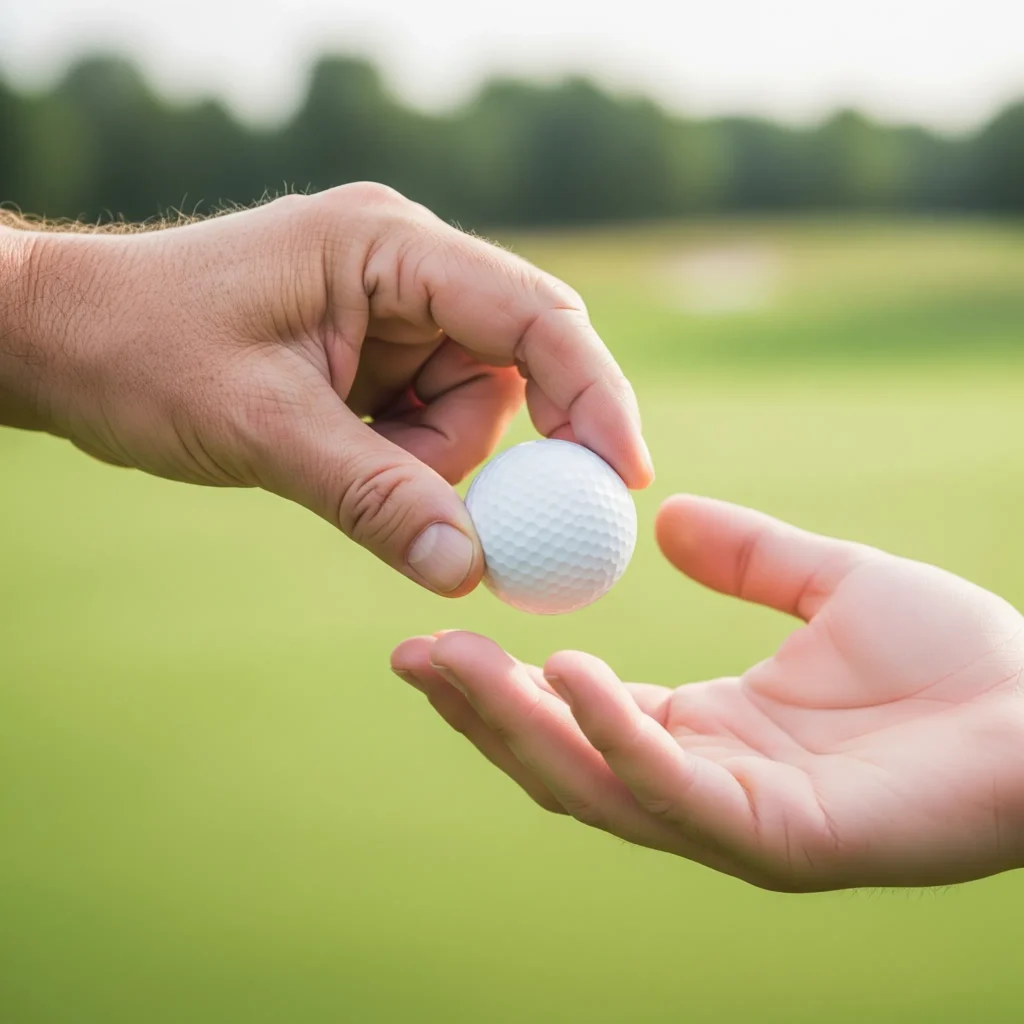Person handing engraved golf ball to another, symbolizing legacy
