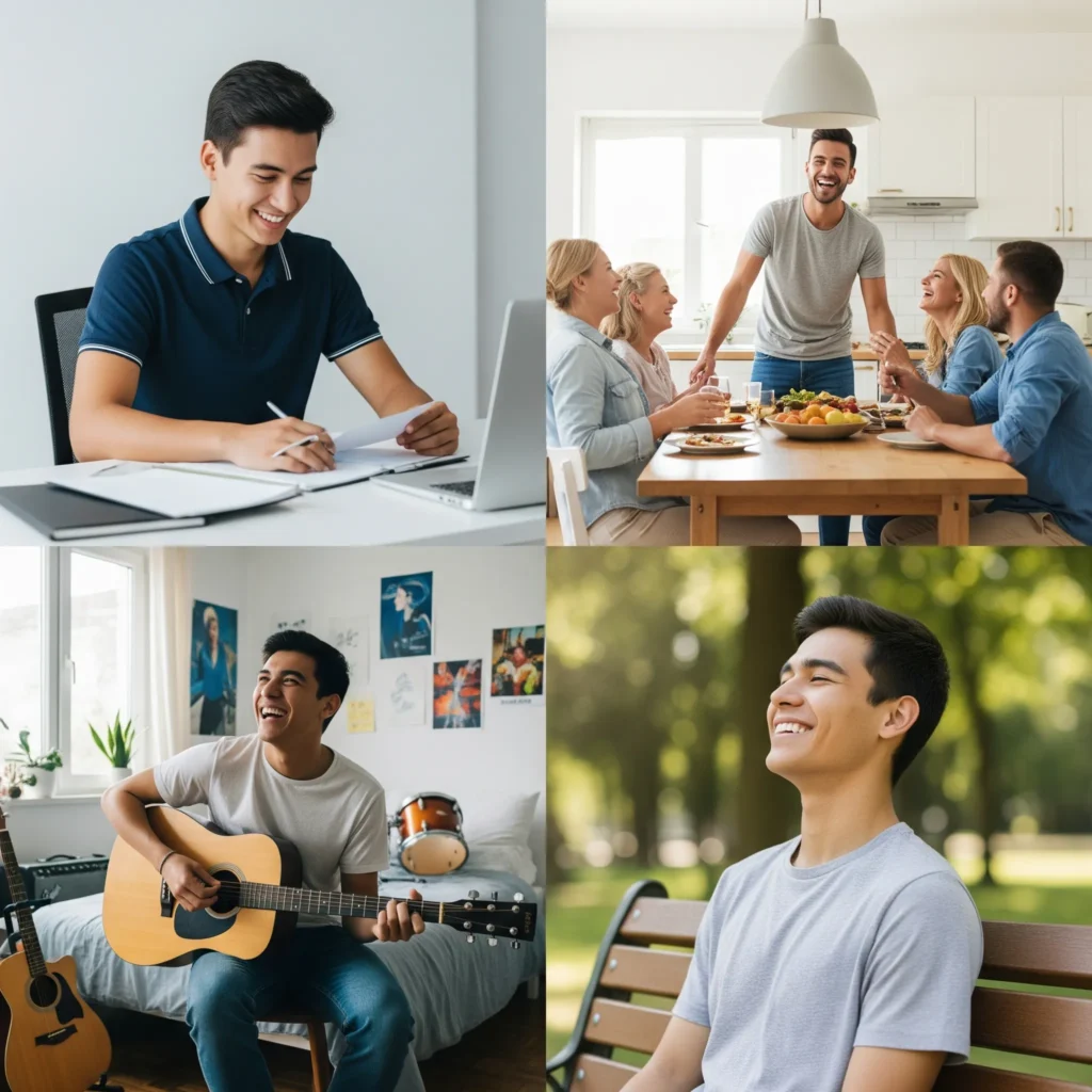 Collage of individuals experiencing positive life changes: working productively, enjoying family, pursuing hobbies, illustrating the impact of Transformation Life Coaching