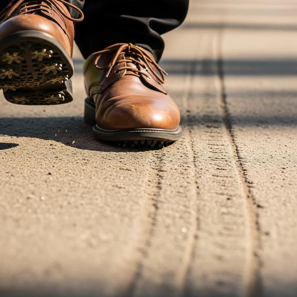 Worn cart path underfoot representing life’s comfortable rut