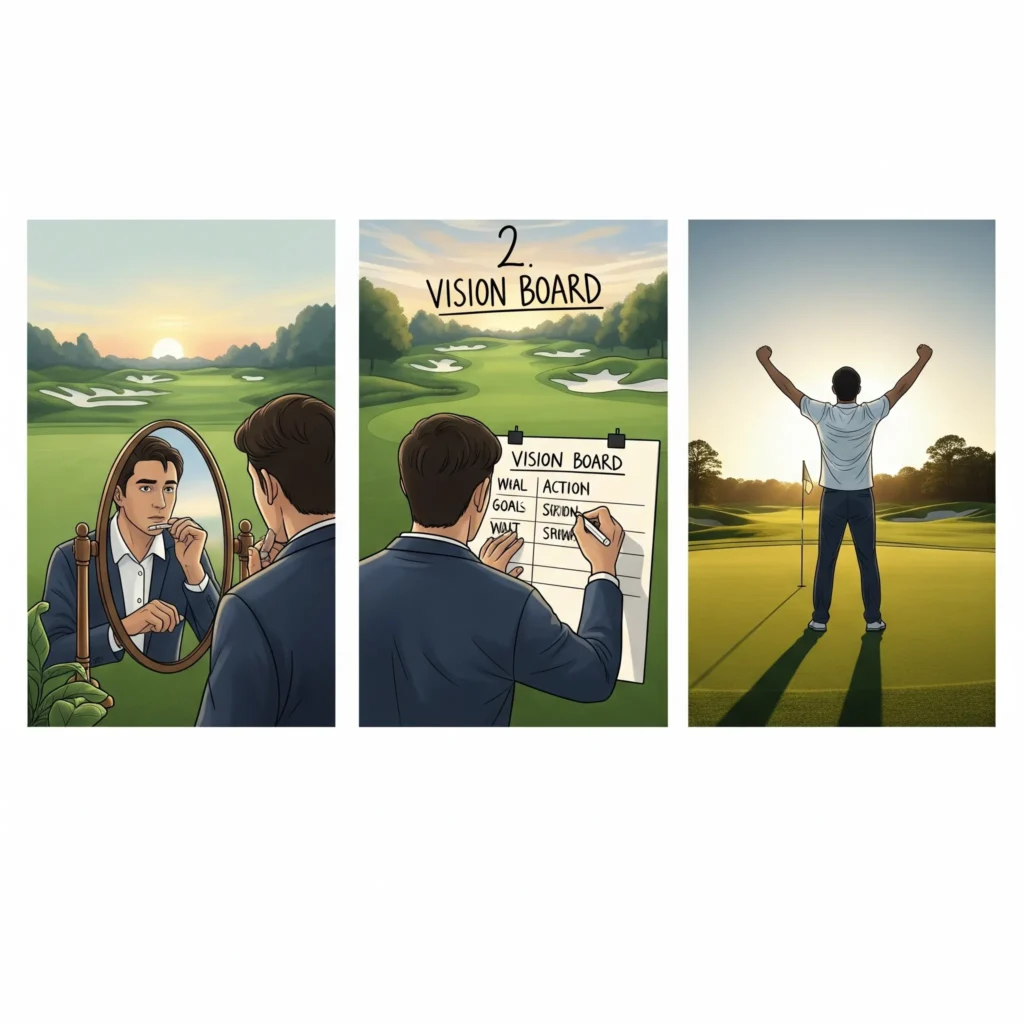 Three-panel journey showing Focus, Grow, Thrive phases of mental caddie work for self-discovery