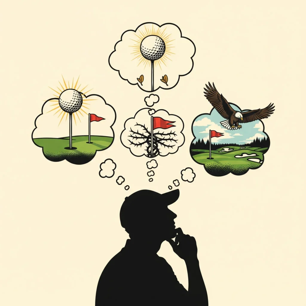 Conceptual visualization of golf metaphor transforming into mental caddie work for self-discovery elements