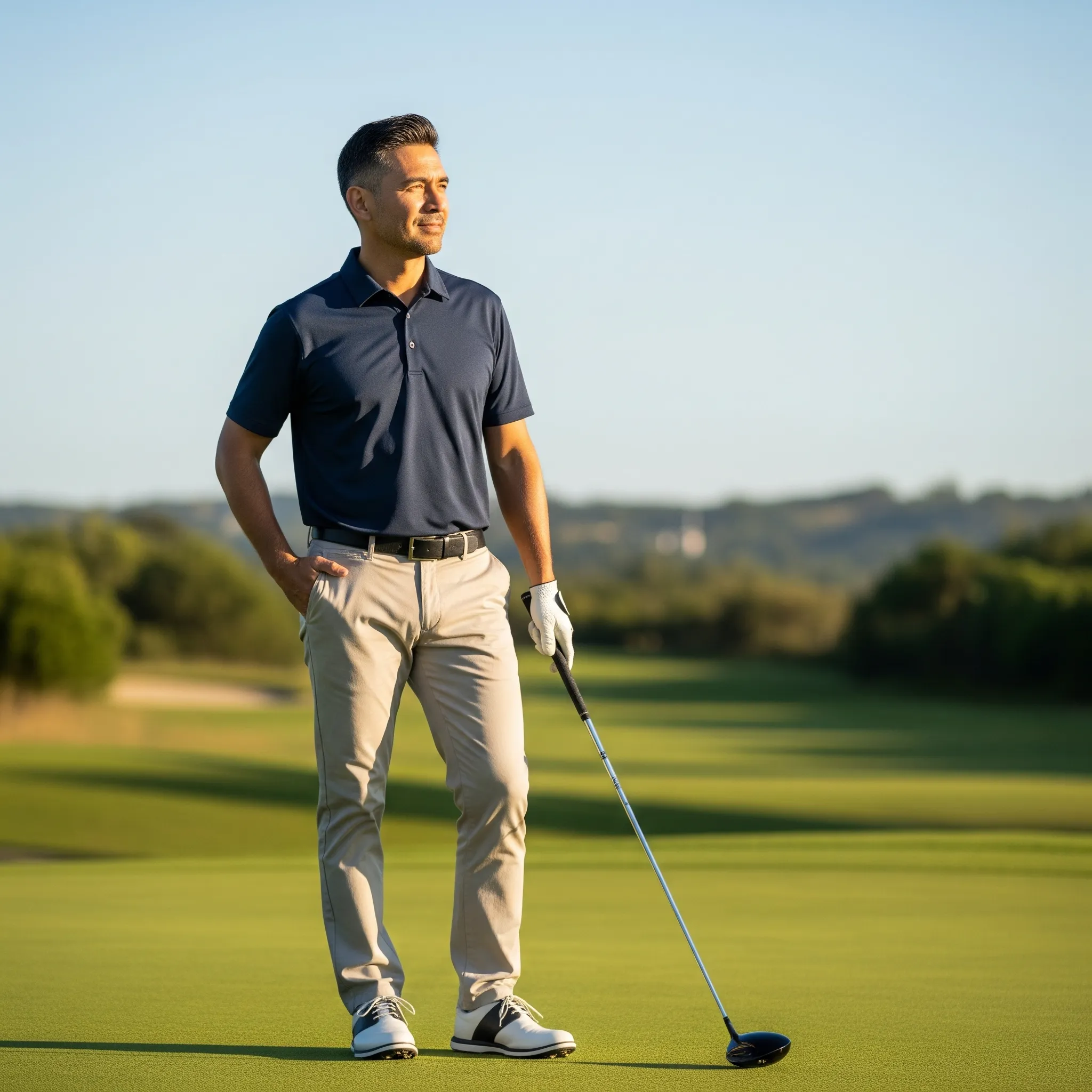 Confident man on golf green, symbolizing mental strength and peace.