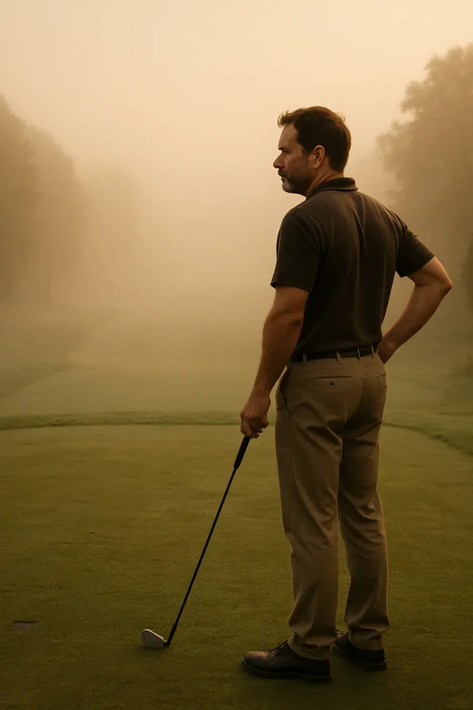 A man looking into the fog on a golf course, symbolizing unfulfilled potential and an unclear path.