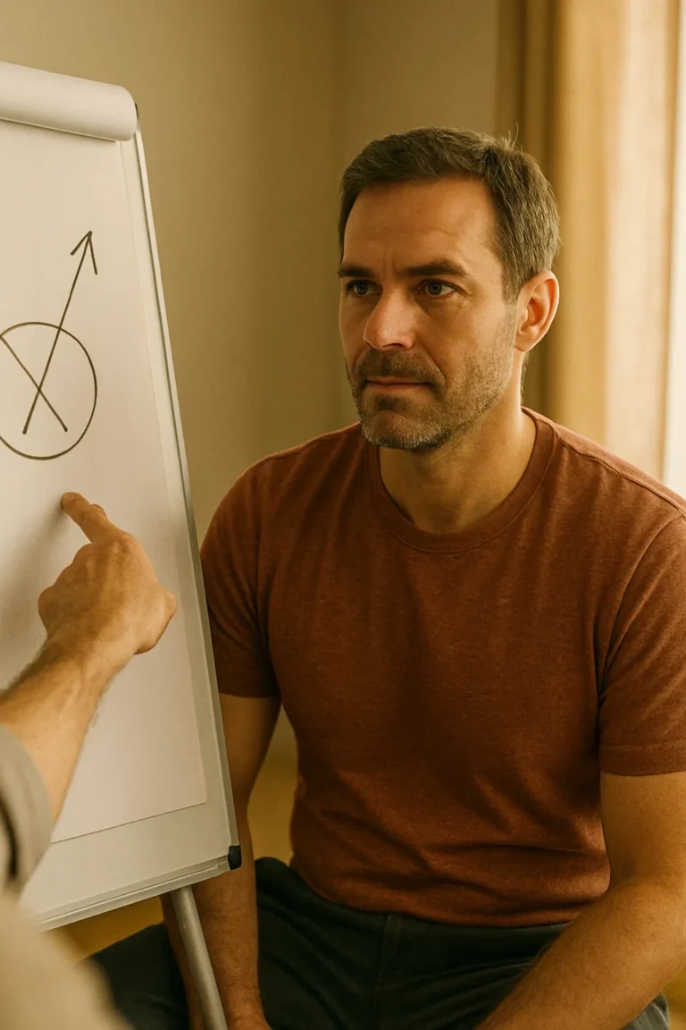 A coaching session where a man discovers insights, moving past his unfulfilled potential.