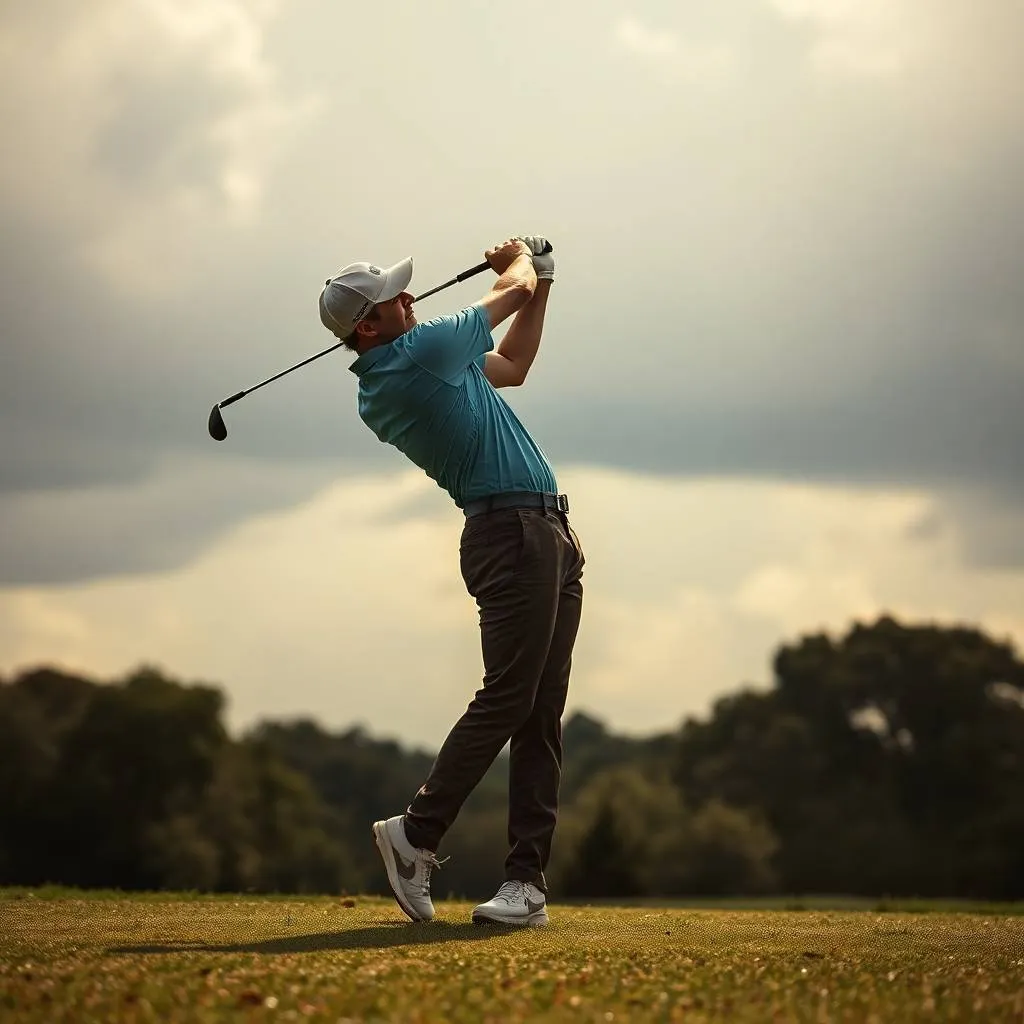Tense golfer swinging with storm clouds overhead representing mental pressure