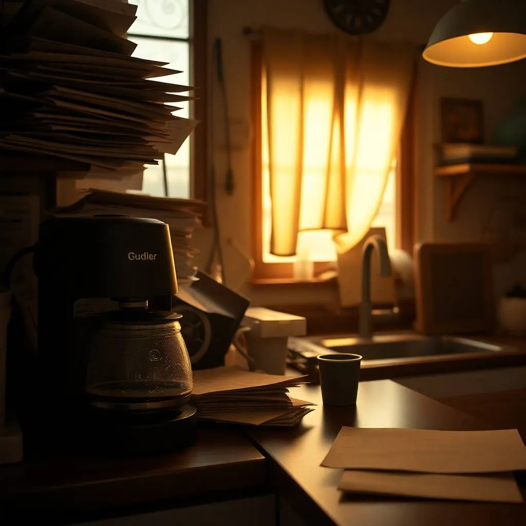 Founder’s story opening scene—dawn kitchen, cooling coffee, and quiet stress before the day begins