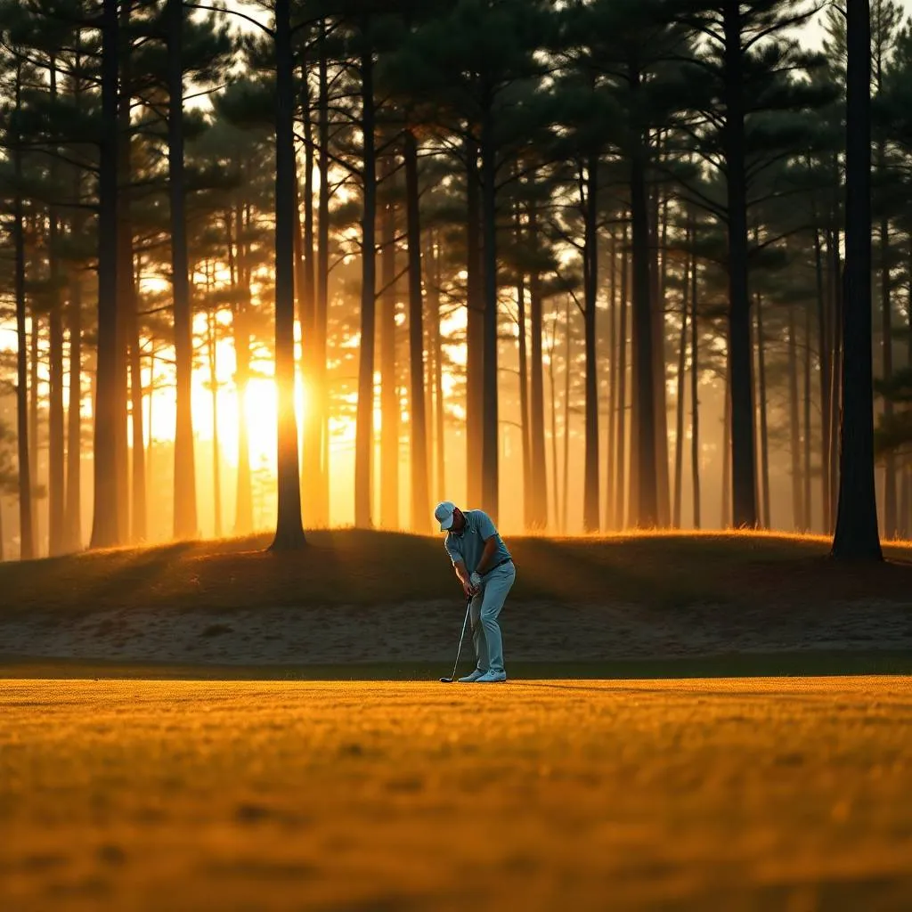Close-up of a golf ball teed up at dawn with pine shadows in the Sandhills