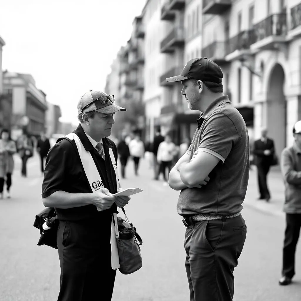 Caddie and golfer discussing a shot on a links course