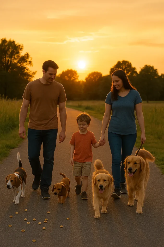 Family finding peace after tough days during evening walk with three dogs at golden hour sunset
