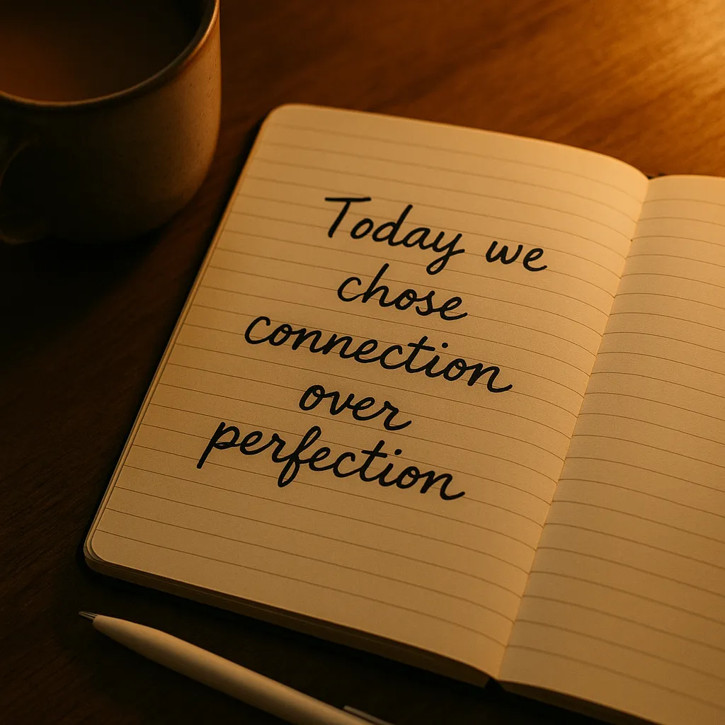 Evening journal reflection after tough days showing handwritten "Today we chose connection over perfection" in warm light