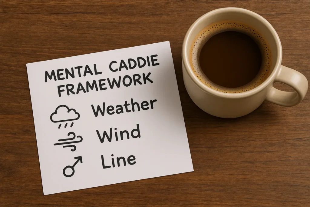 Mental caddie framework notecard for tough days showing Weather Wind Line strategy beside morning coffee