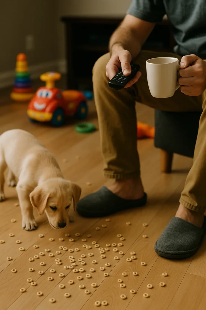 Morning chaos of tough days with scattered Cheerios and playful puppy as dad multitasks through overwhelming start