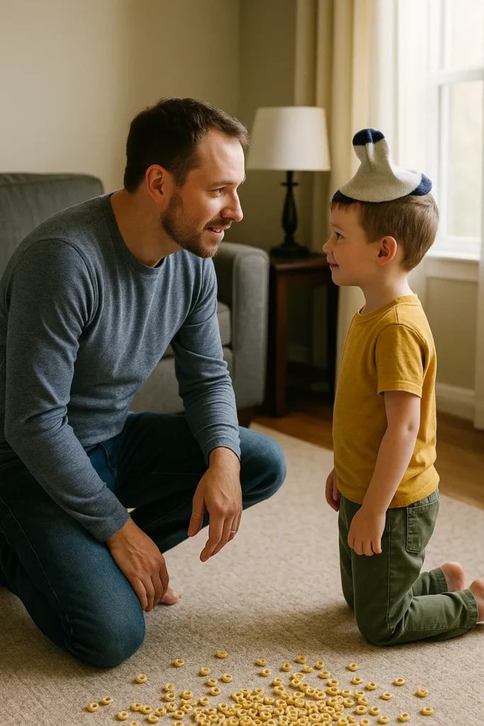 Dad connecting with son during tough days by kneeling at eye level while child wears sock crown showing breakthrough moment