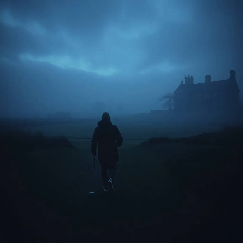 Golfer walking toward the first tee at St Andrews at dawn
