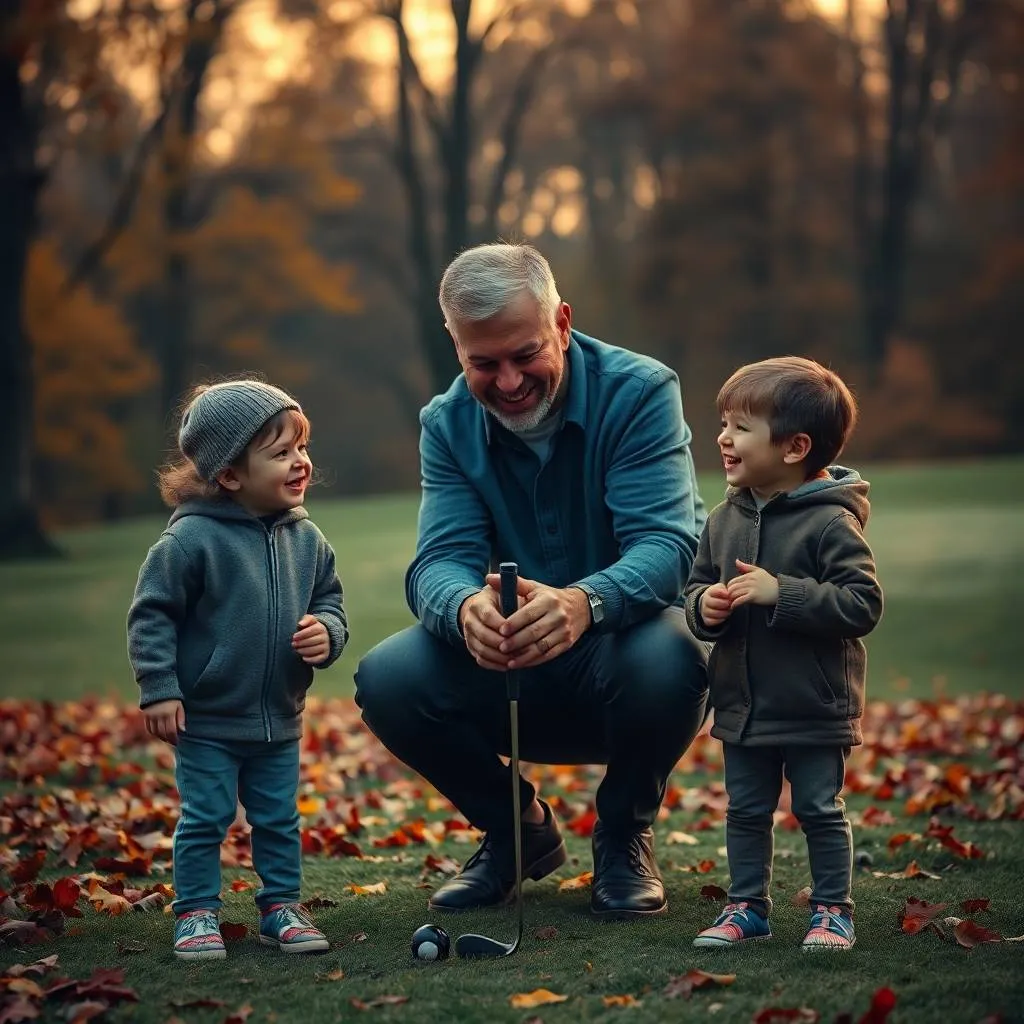 Father smiling and teaching children to putt on a warm evening