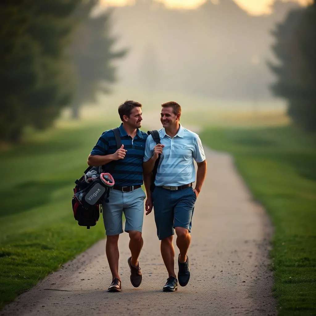 Golf Ball Wisdom progress banner — two men walking down a cart path talking at golden hour