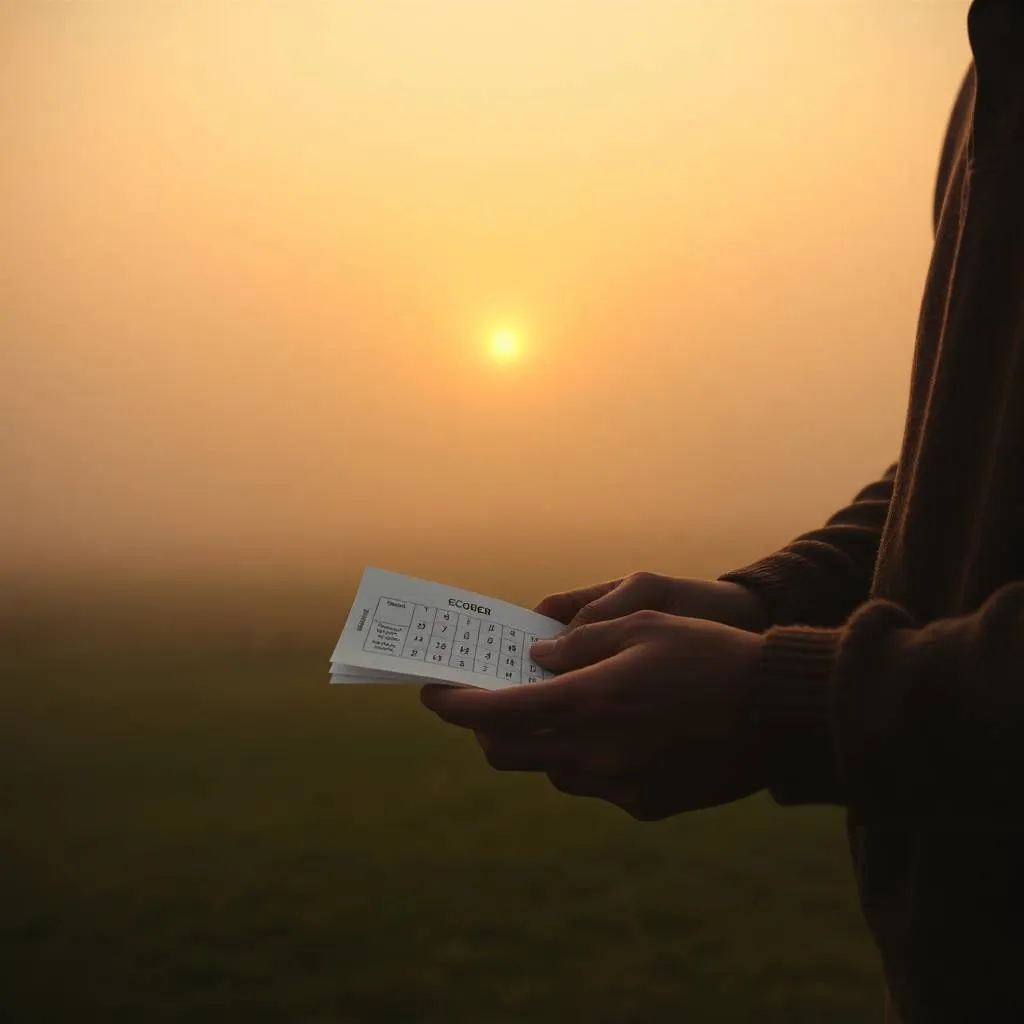 Founder’s story in practice—calm hands mark a scorecard at sunset, routine over panic