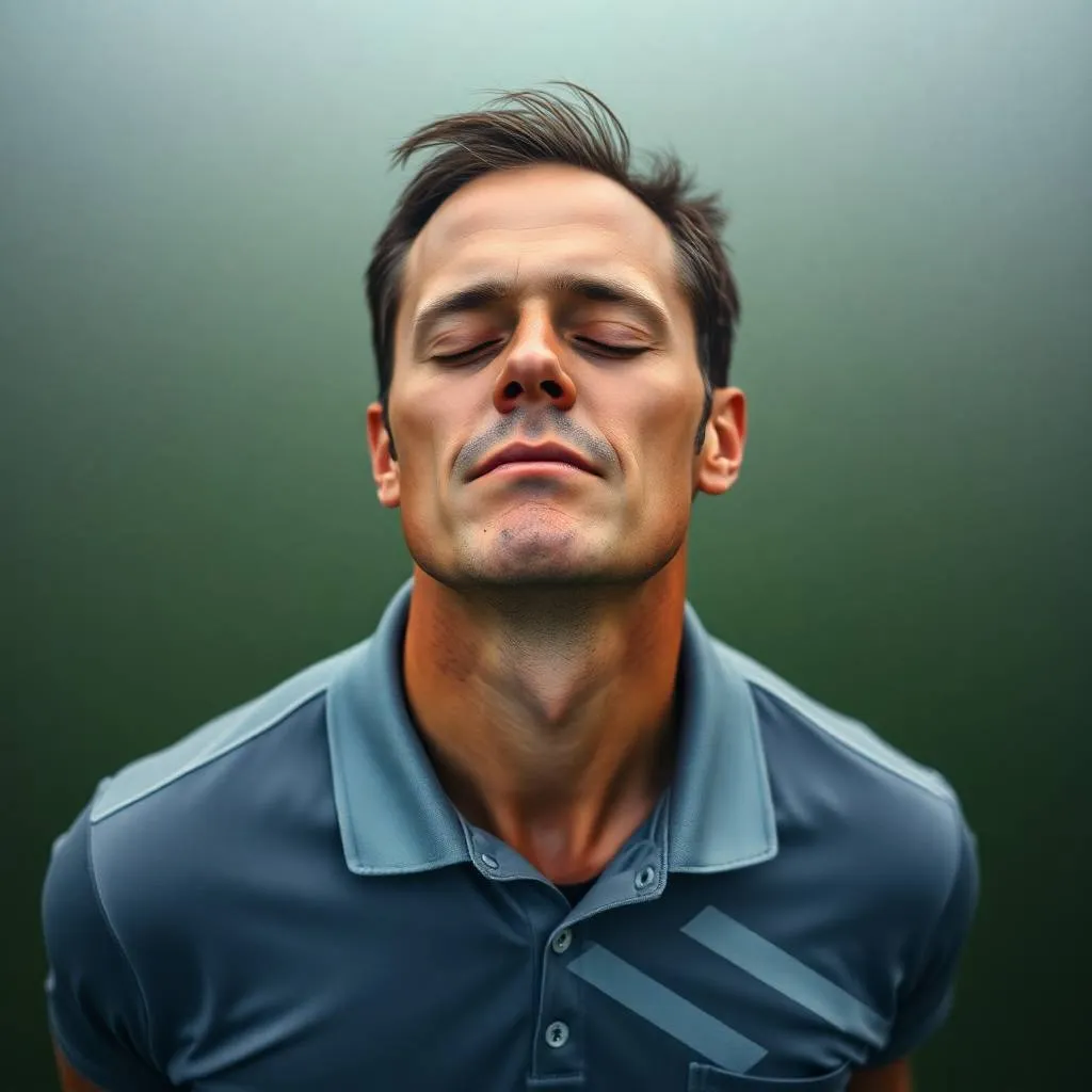 Golf Ball Wisdom breath reset portrait — man taking a steady breath with the course behind him