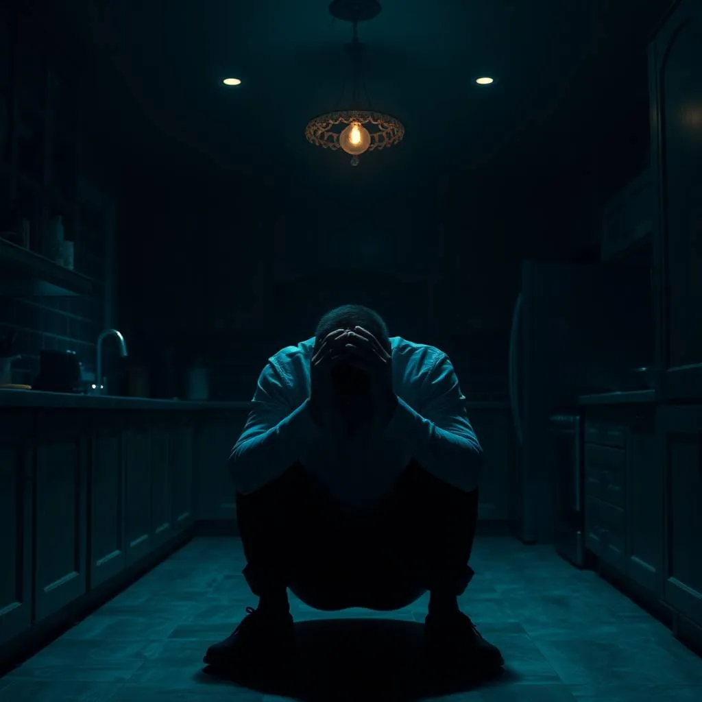 Man alone at a kitchen table at night with head in hands