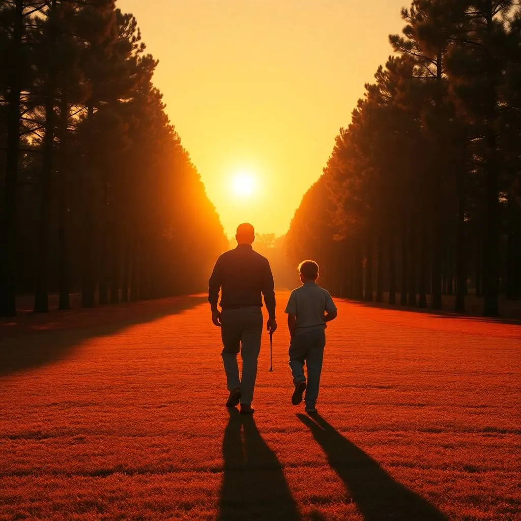 Father and son walking down a fairway lined with tall pines at sunset