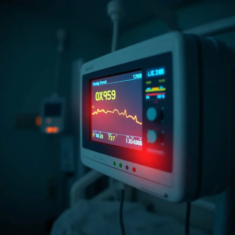 Hospital monitor in dark room showing declining oxygen levels, symbolizing parental fear during medical emergency