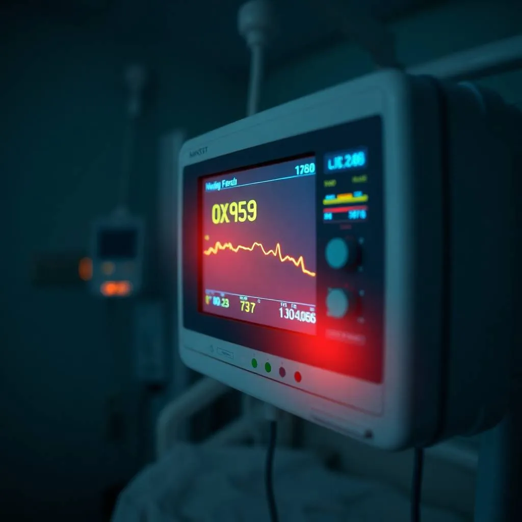 Hospital monitor glowing in a dark room as a parent watches their newborn’s oxygen levels
