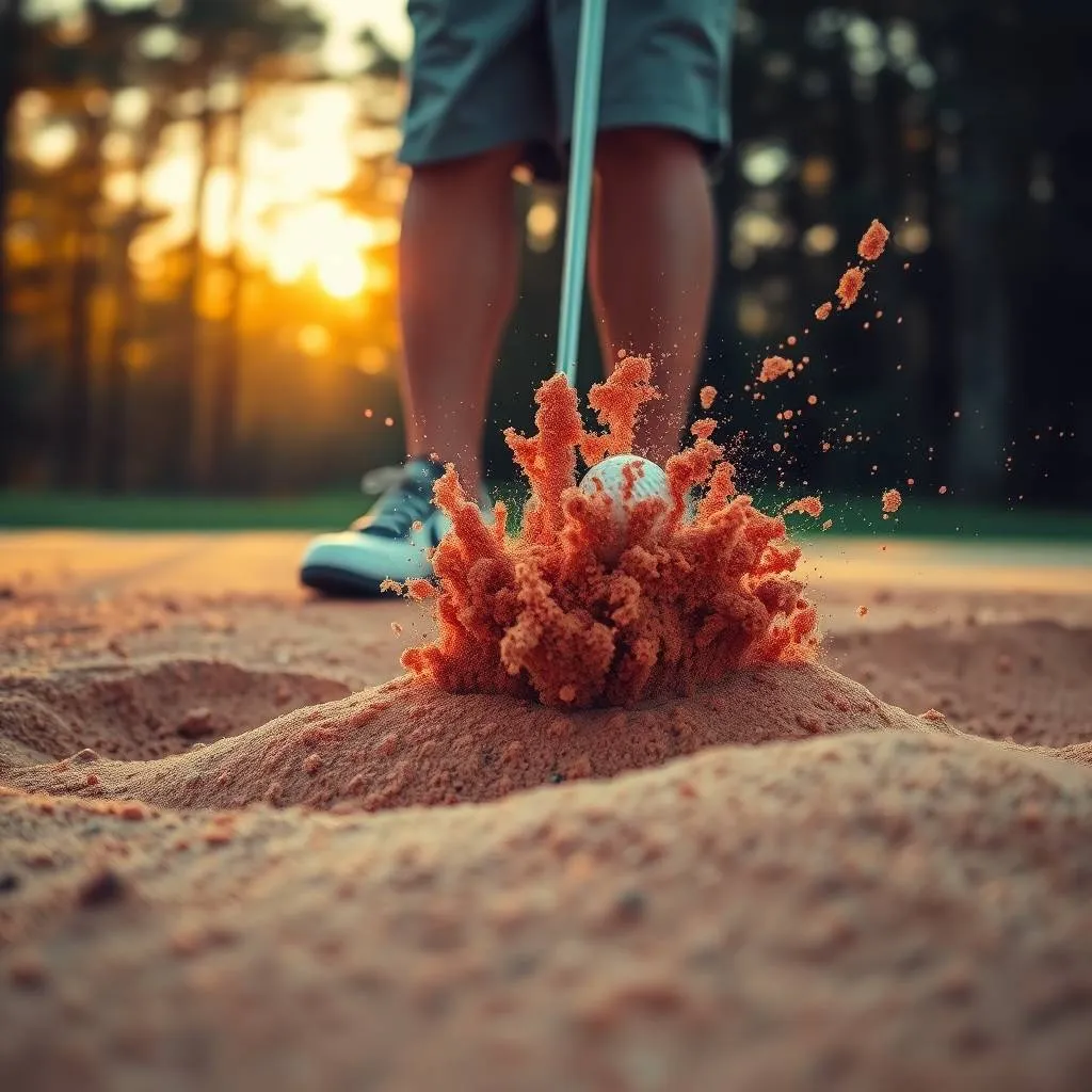 Red Carolina bunker sand exploding as a golfer plays from a buried lie