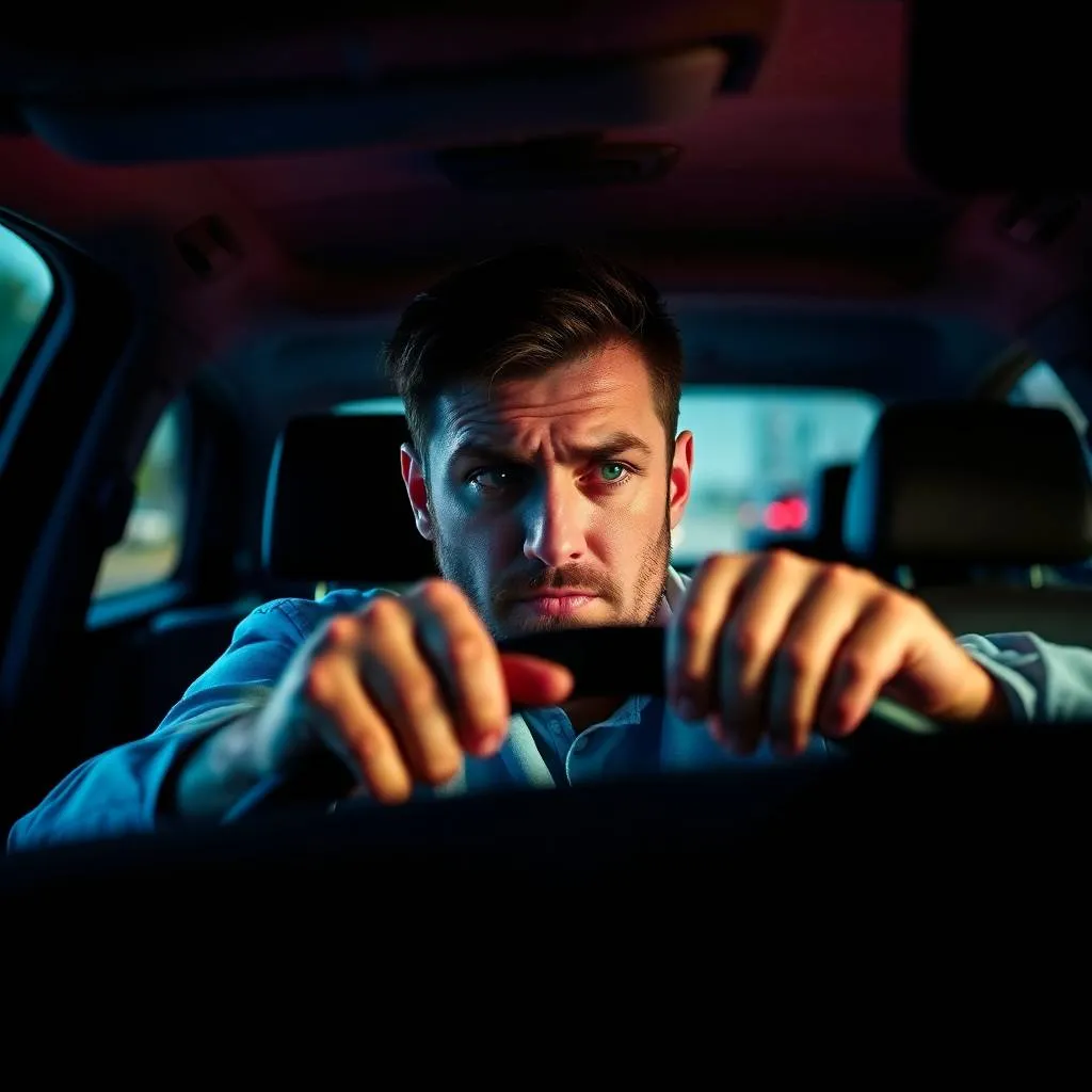 Man gripping a steering wheel with white knuckles in heavy traffic