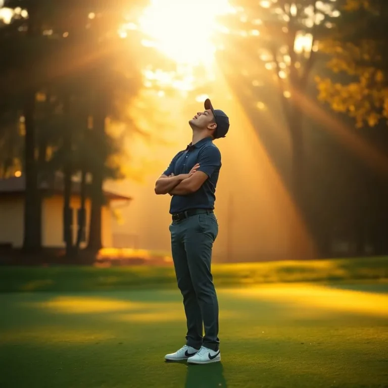 Peaceful golfer taking deep breath in golden sunlight moment of clarity