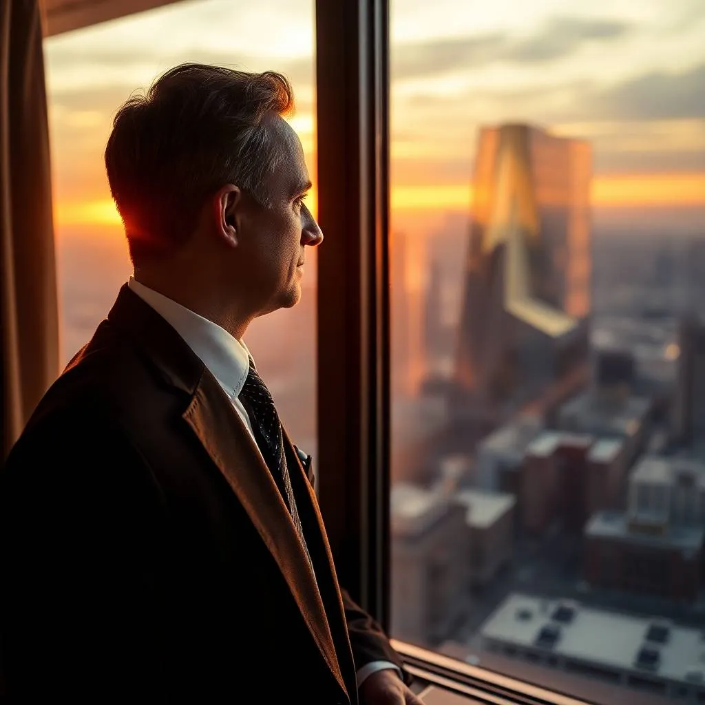 Business man looking out office window reflecting inner score card struggle with success
