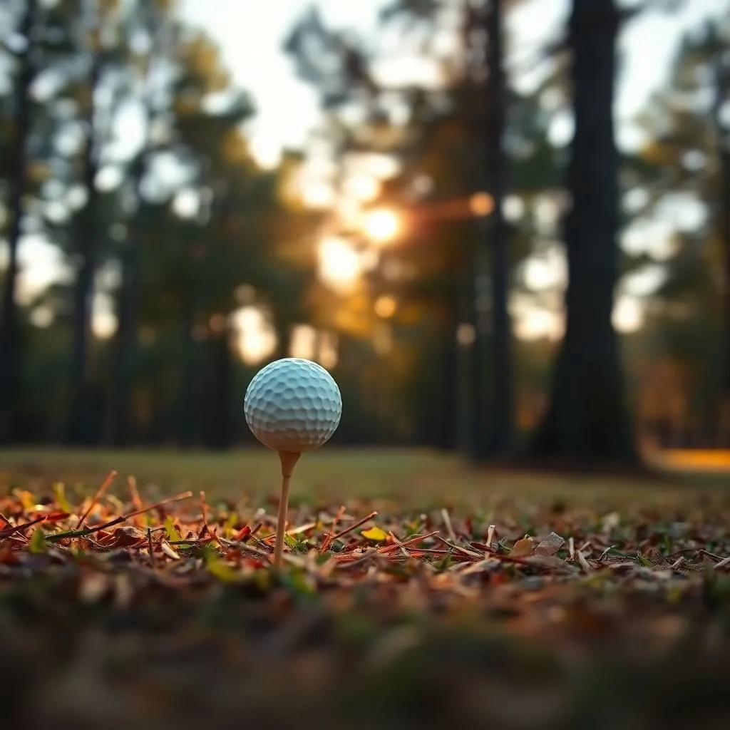 Golf ball teed up at sunrise with long pine shadows across dewy grass