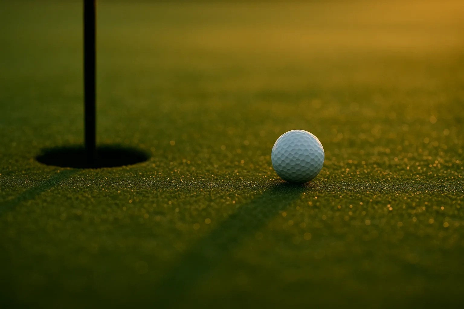 Mens emotional steadiness after tension, a golf ball near the cup at sunrise