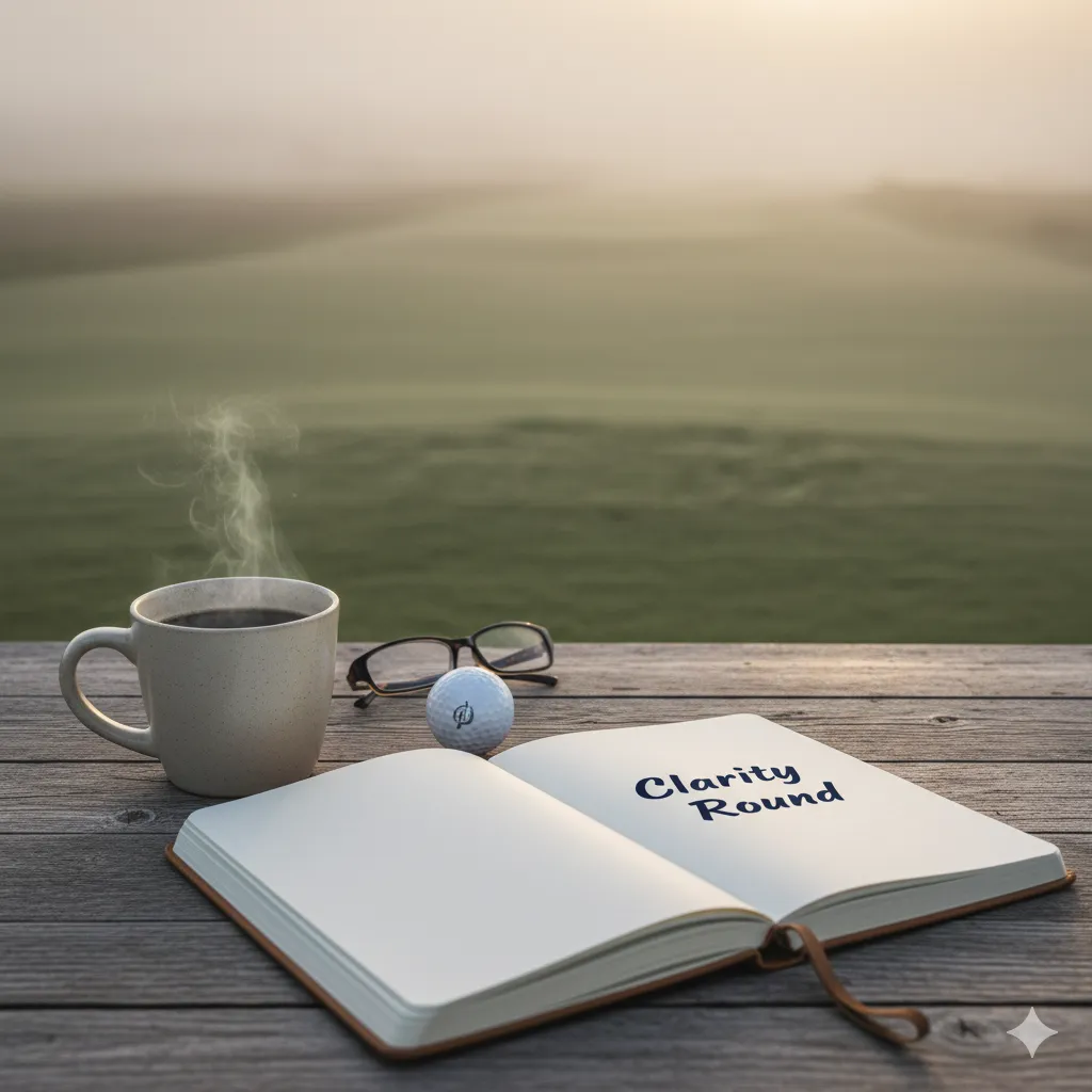 Notebook and coffee with a single golf ball and the words Caddie Clarity Round on the page