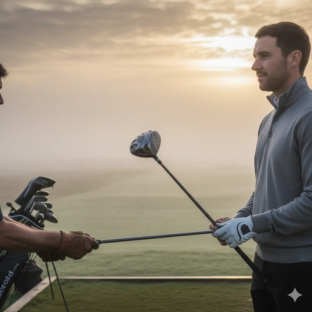 Guide passing a club to a player during a Caddie Clarity session on the fairway