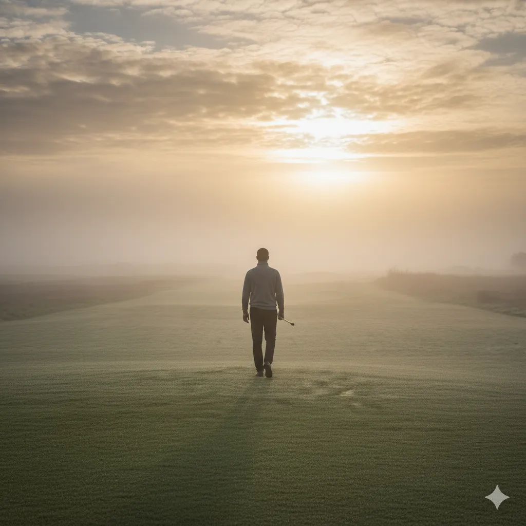 Man walking toward the green with one club, representing lightness and focus. Caddie Clarity