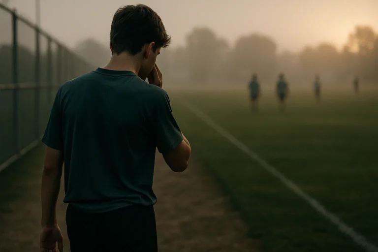Man learning steadiness and restraint after impact on a quiet field