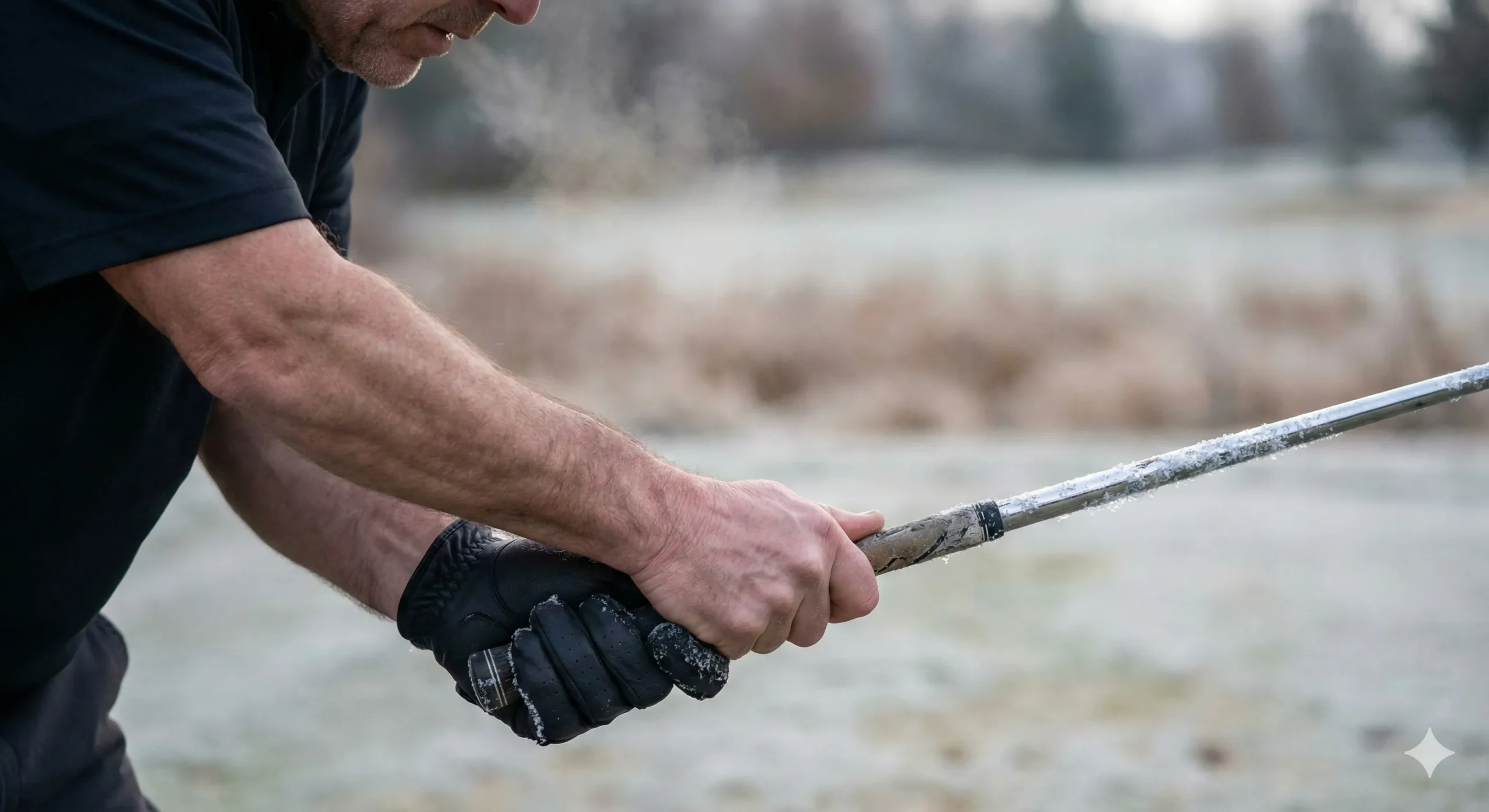 Close-up of tense hands gripping a golf club, showing the strain men carry.