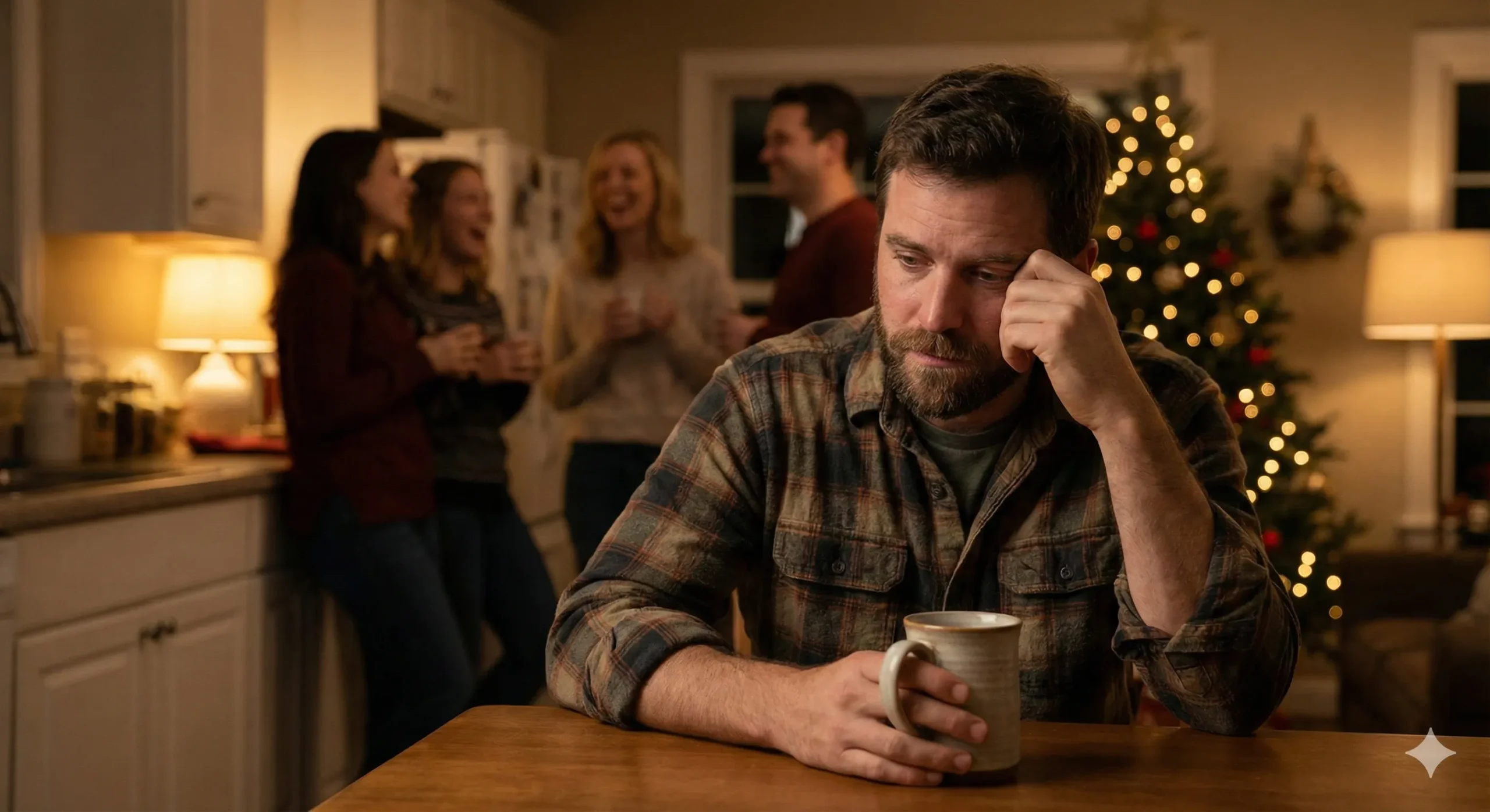 Man sitting quietly at a kitchen table during a holiday gathering, feeling the strain men carry.