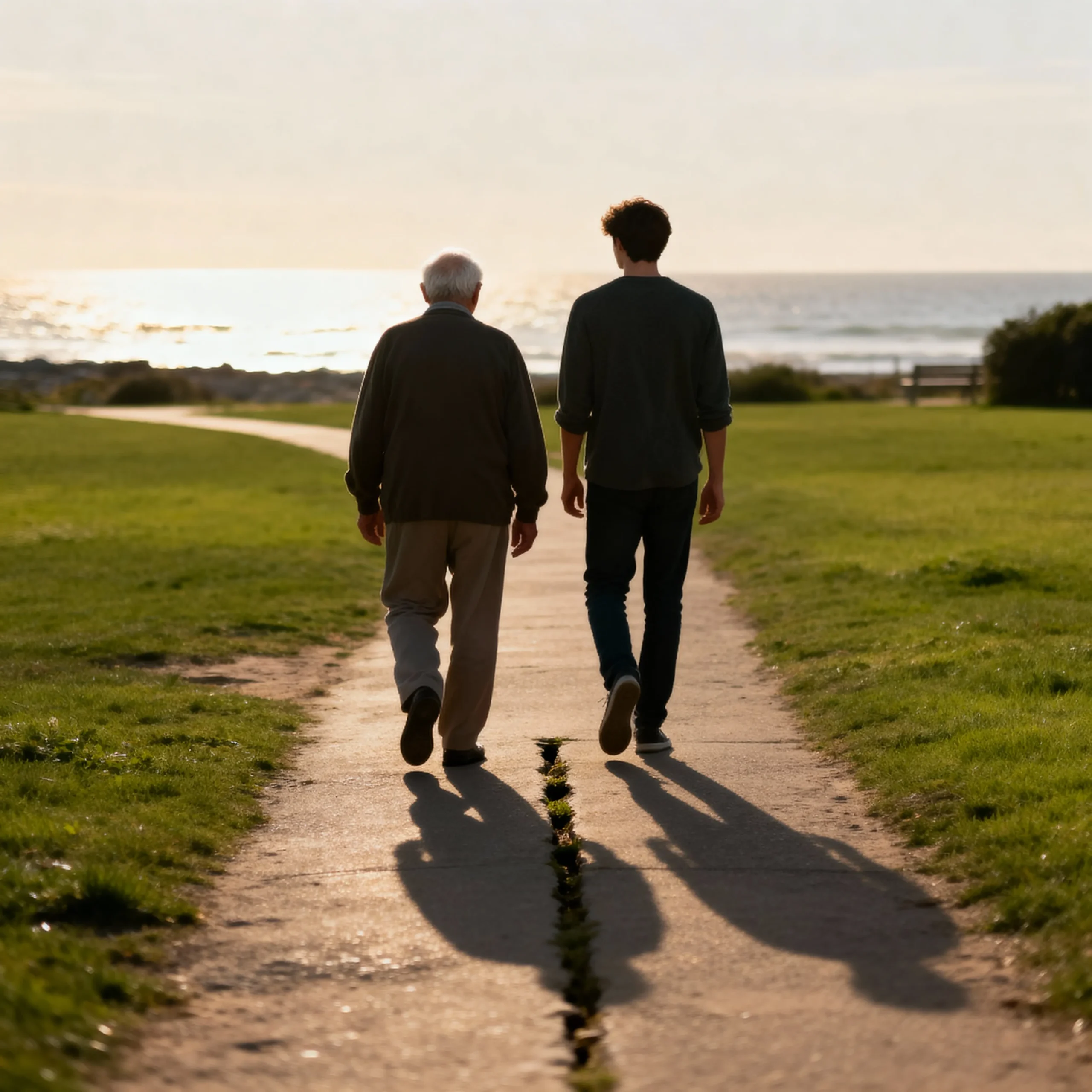 Elderly father and adult son walking slowly along a quiet path, soft light, both thoughtful, reflecting on memory and time.