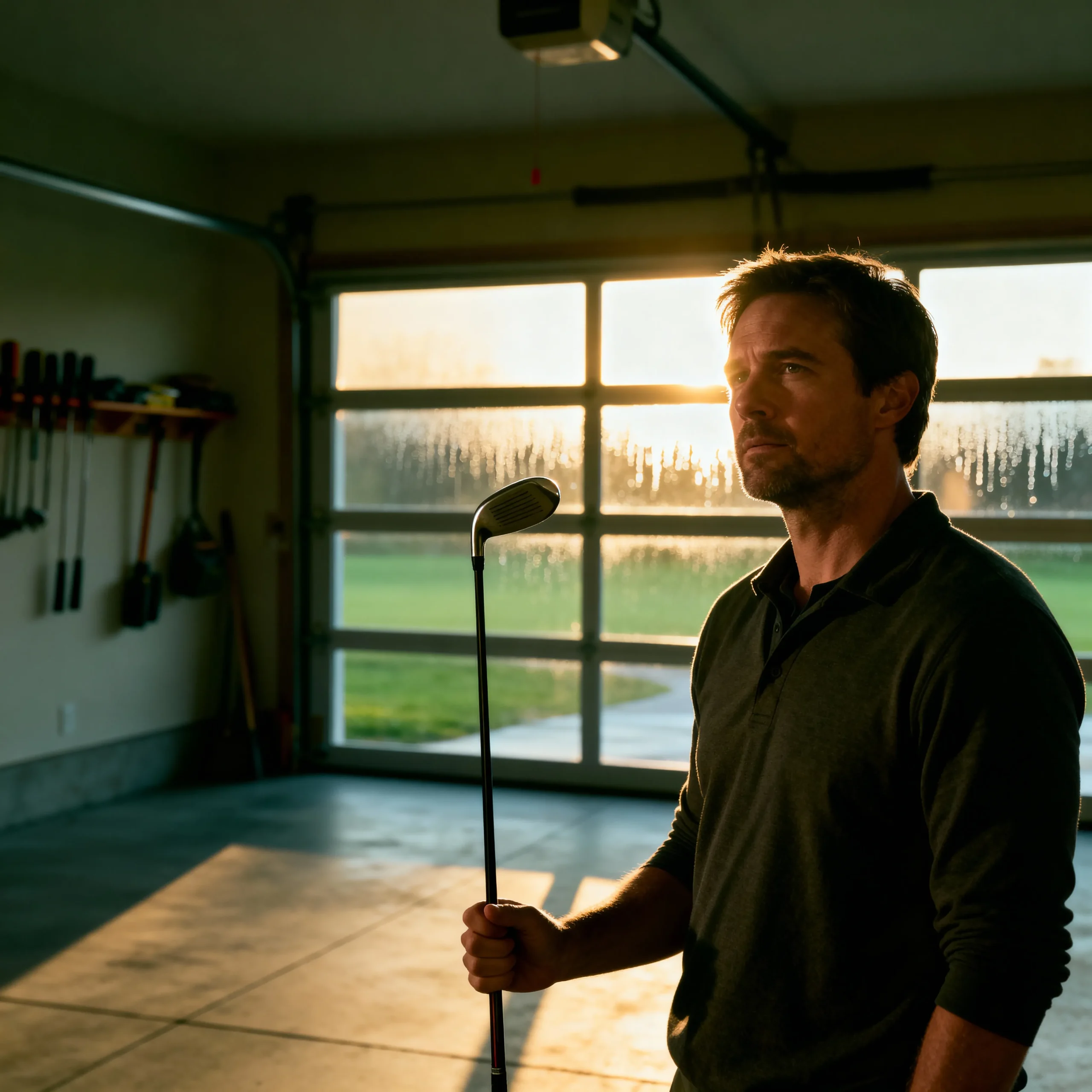 Middle-aged man standing in a quiet garage doorway holding a golf club, soft morning light on his face, lost in thought about his memory.