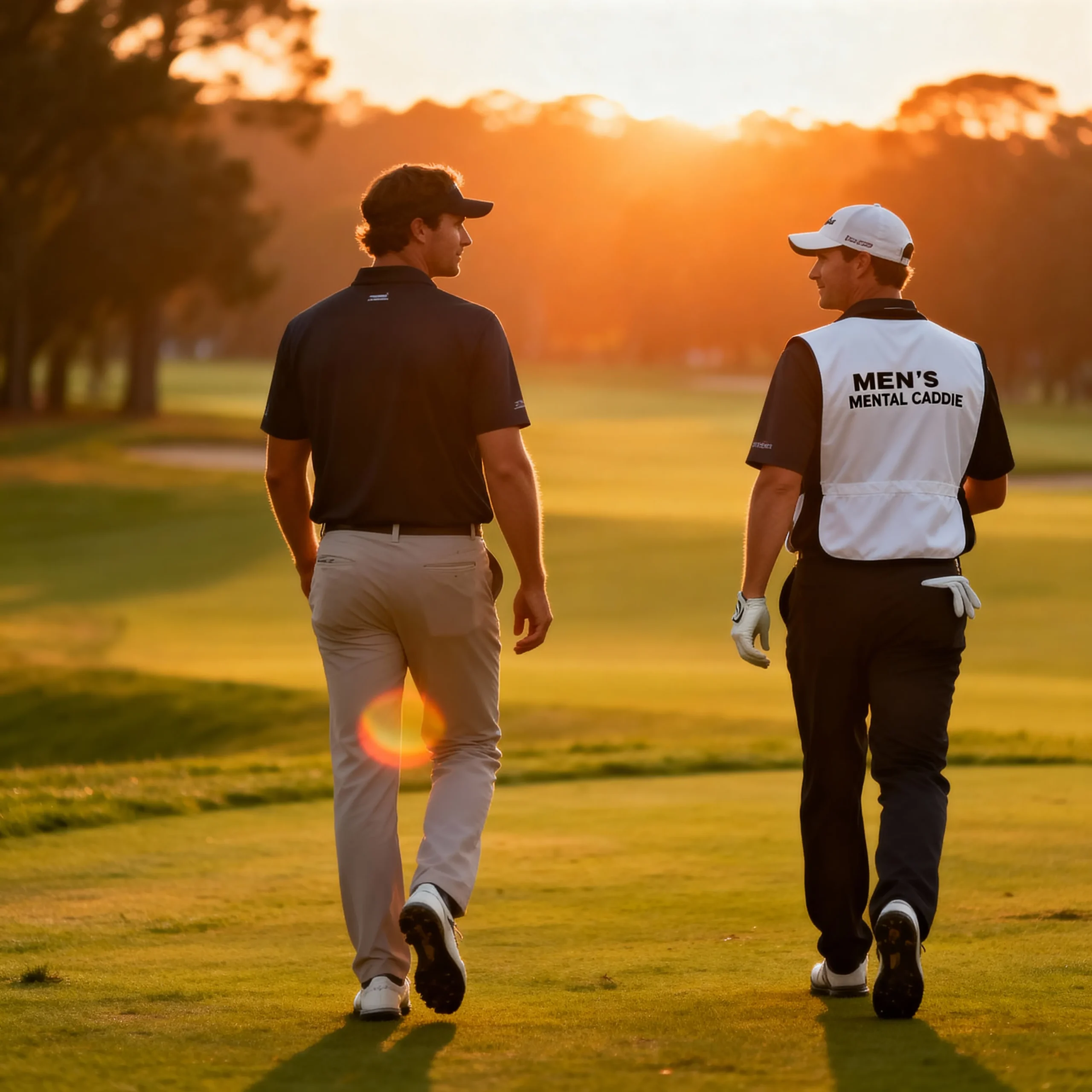 Golfer and caddie walking side by side down a fairway at golden hour, representing Men's Mental Caddie clarity and brotherhood.