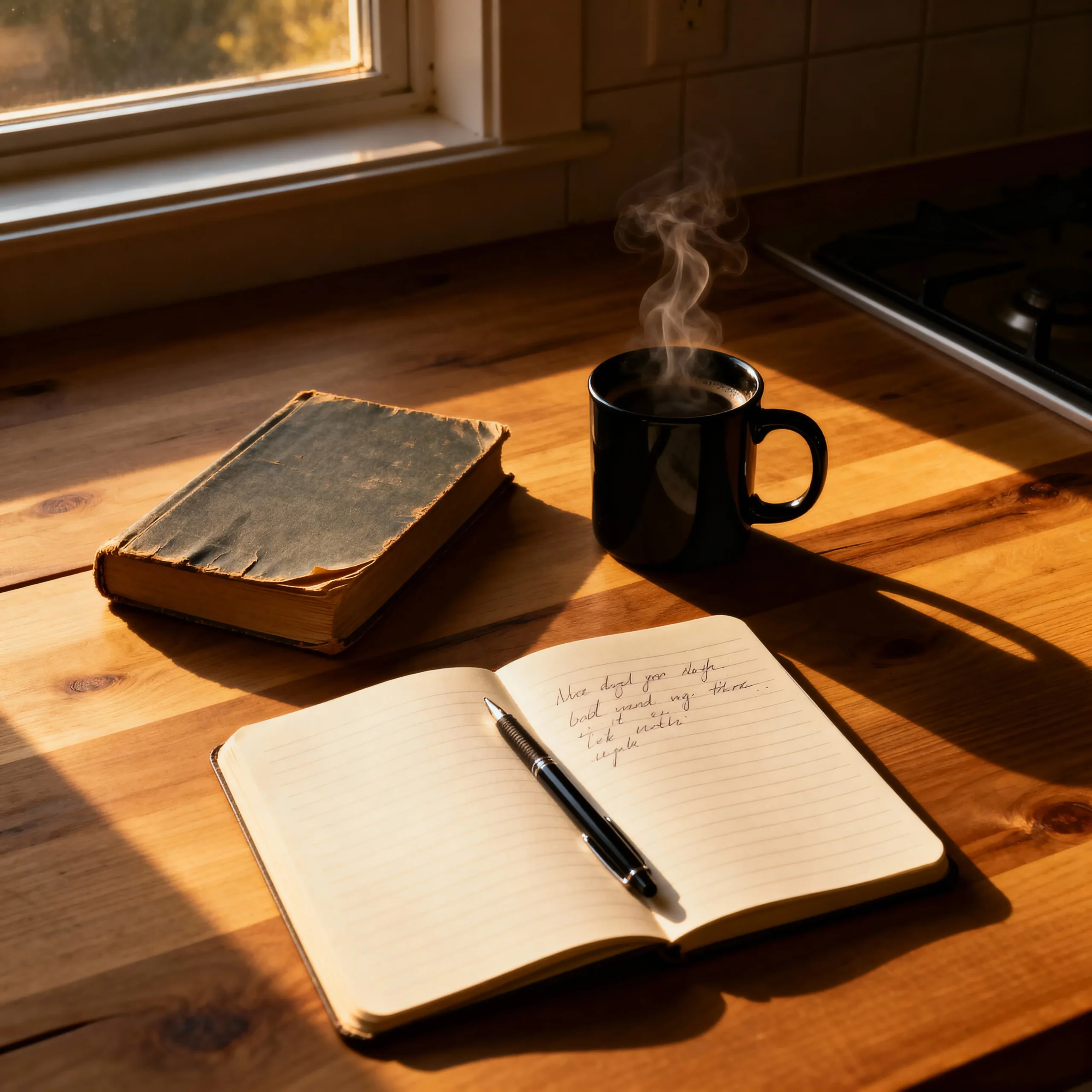 Kitchen table at dawn with coffee, a worn book, and an open notebook where a man is writing his story.