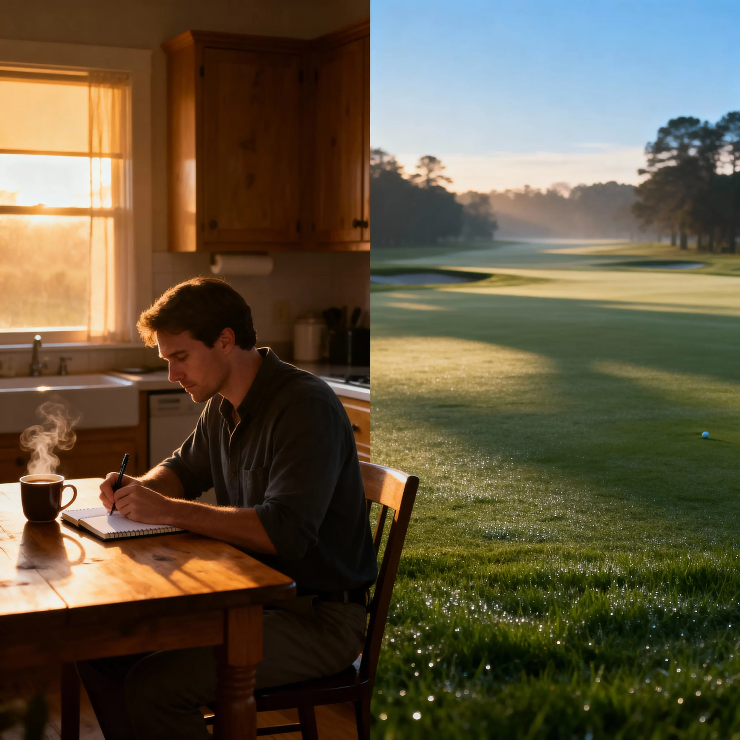 Split scene of a man writing at a kitchen table and a quiet fairway at dawn, showing how story work and golf help men carry less.