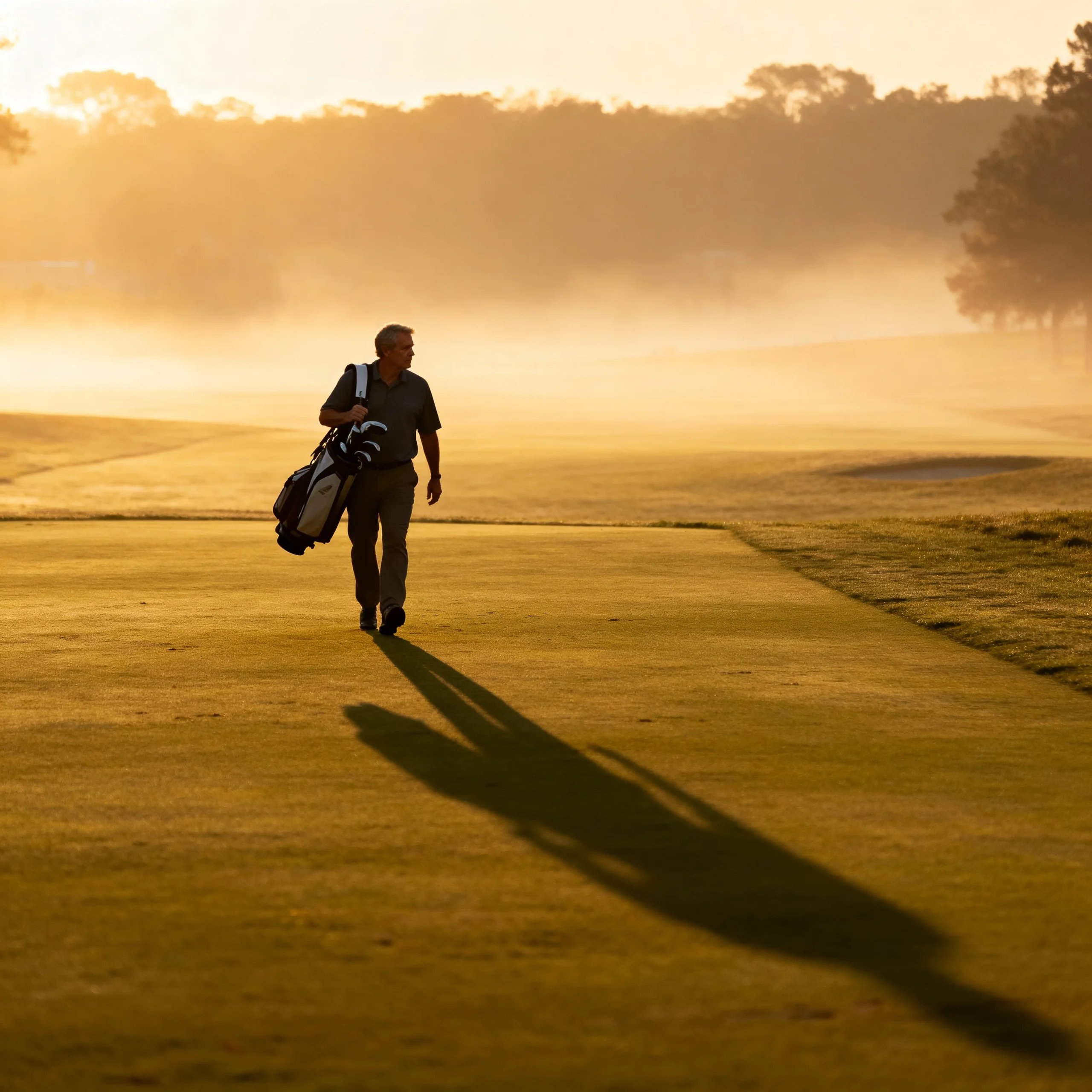 Middle-aged man walking alone down a quiet fairway at dawn with a golf bag, symbolizing why men hide their stories and the emotional weight they carry between shots.