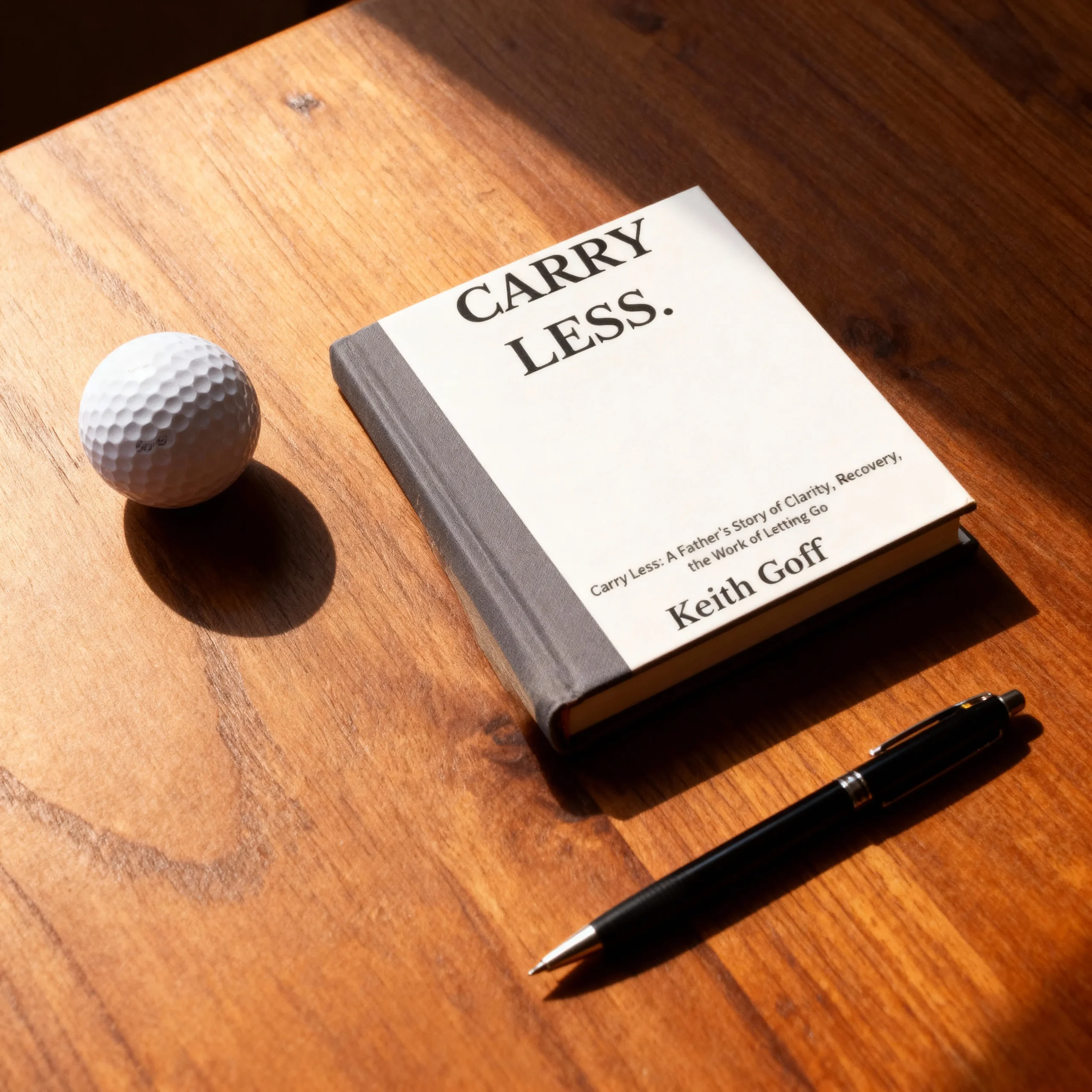 Carry Less book beside a golf ball and pen, symbolizing how writing and golf help men carry less emotional weight.