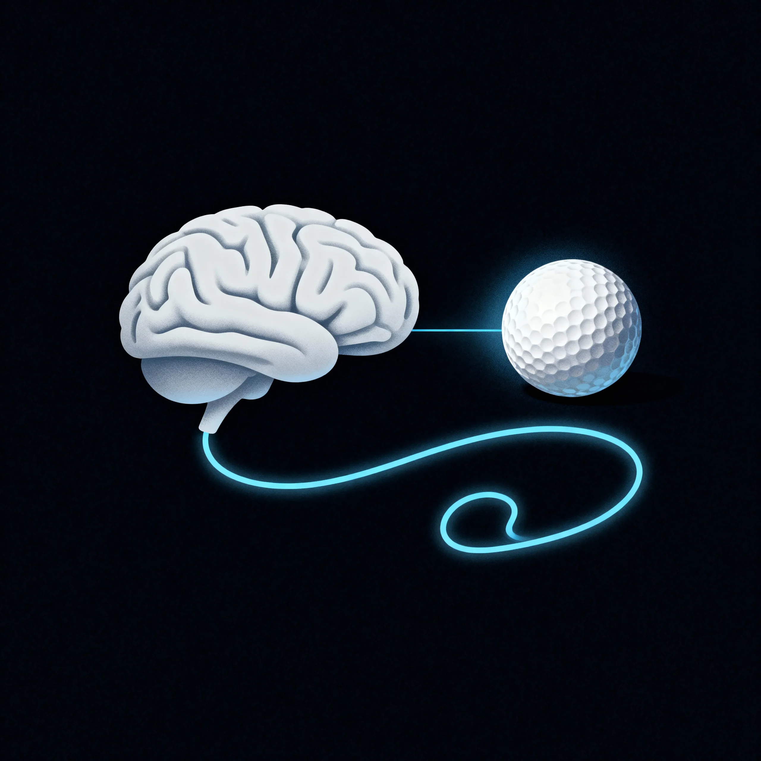 Simple illustration of a brain and a golf ball connected by a line of light, representing expressive writing and mental clarity for men.