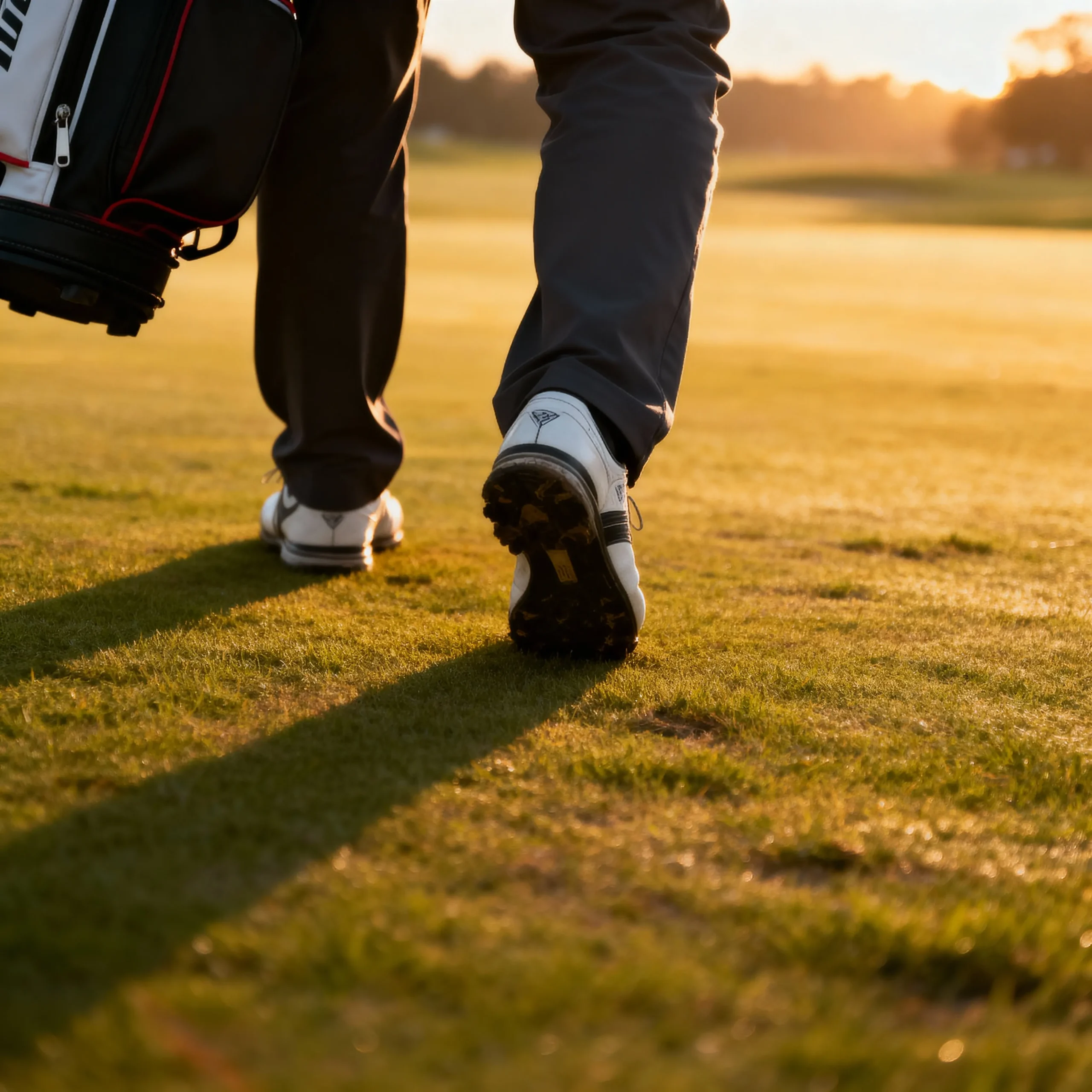 Golfer walking between shots with a heavy golf bag on a quiet fairway, representing the emotional weight men carry in silence.