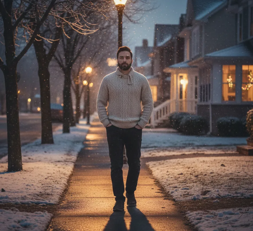 The man you are becoming walks in winter light, choosing alignment over force and presence over pressure.