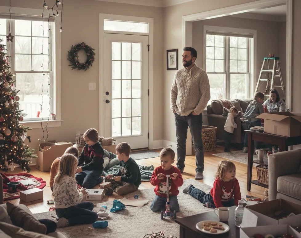 The man you are becoming holds steady in a full holiday house while pressure stays quiet in the shoulders and breath.