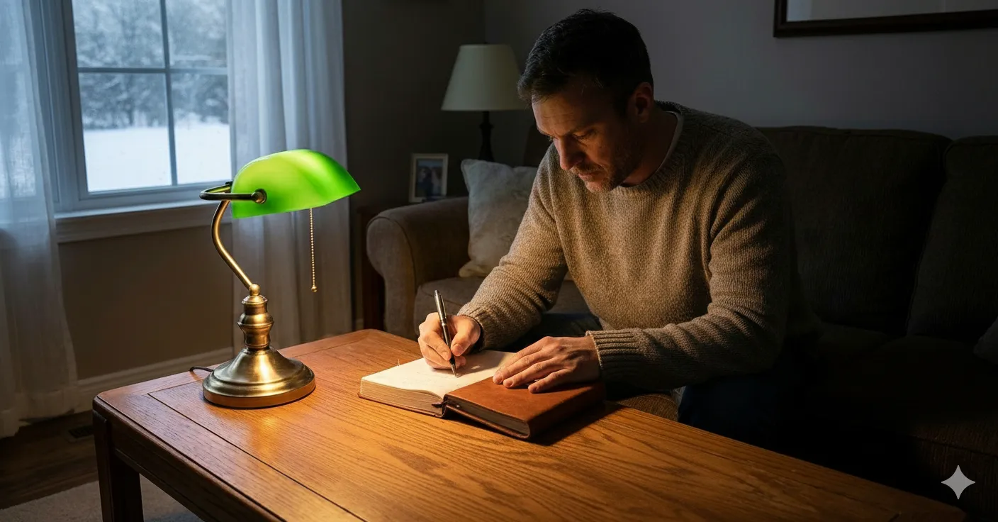 Man writing at night, carrying silent pressure during holidays and purpose.